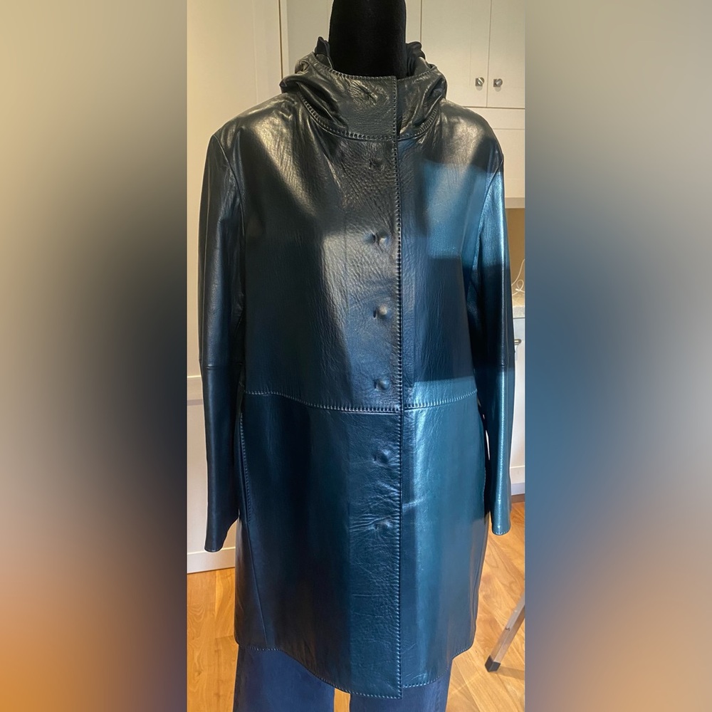 Jil Sander Dark Green Leather Hooded Coat